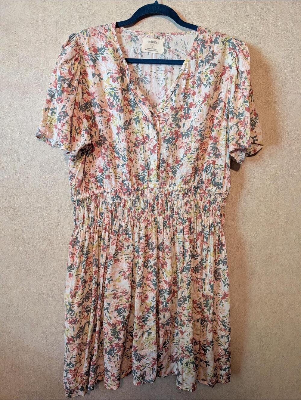 EVOLVERIE cream pink blue floral short sleeve mini dress sz XL